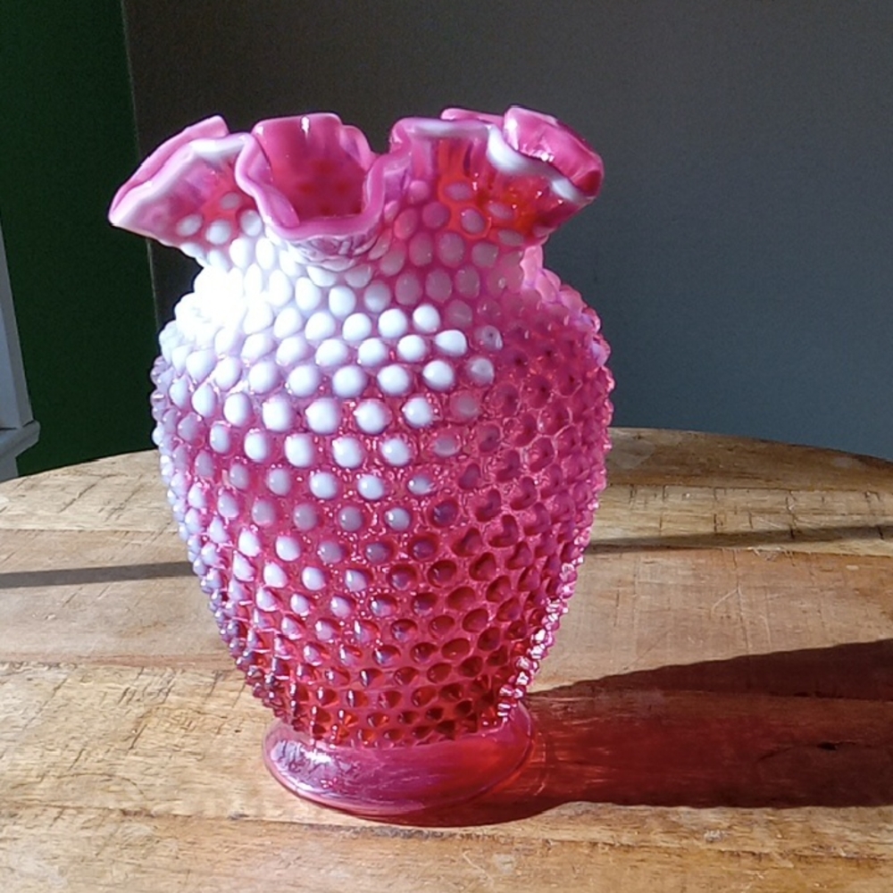 Fenton Cranberry Pink Hobnail Opalescent Glass Vase